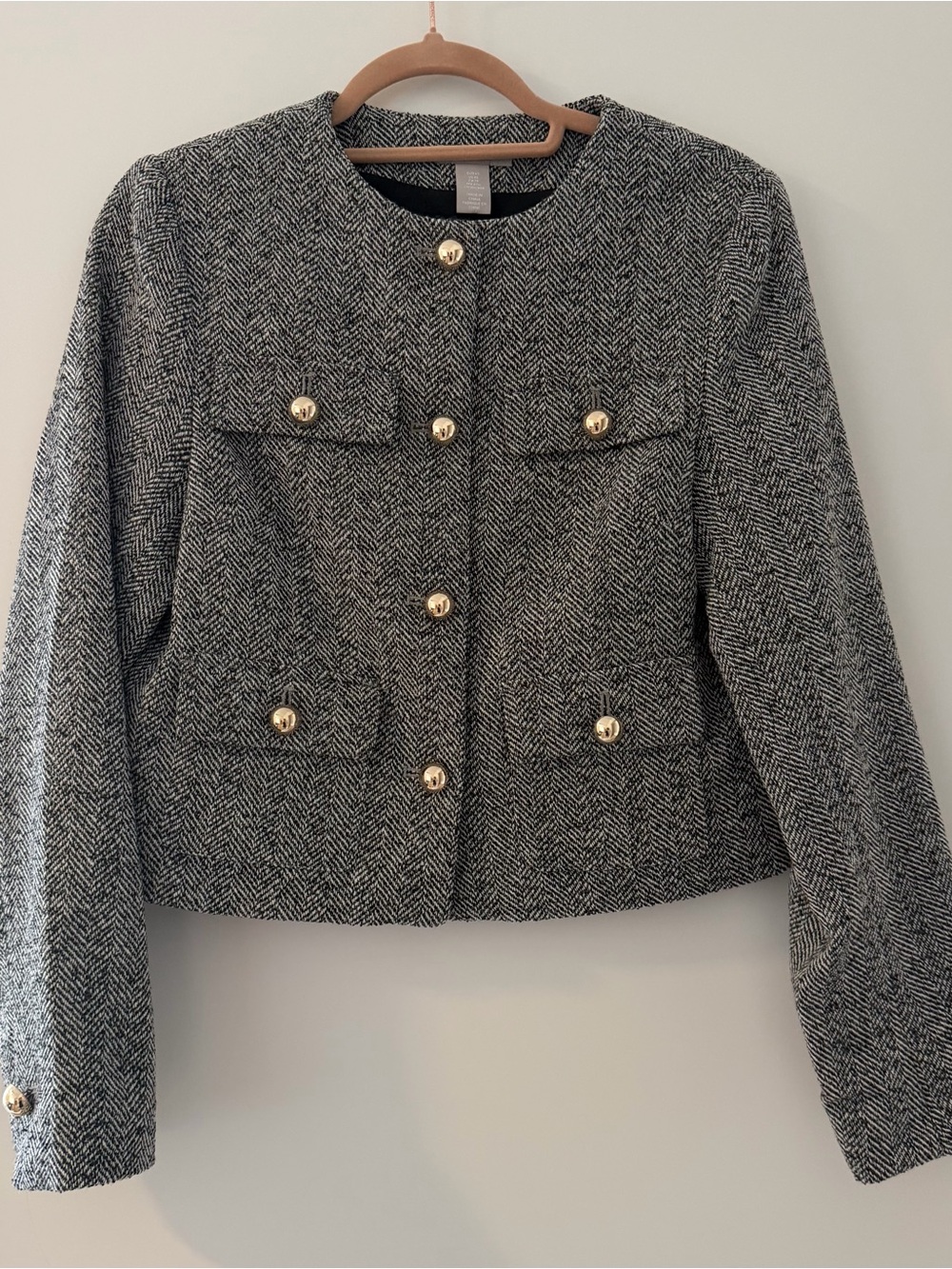 H&M Black & White Herringbone Tweed Blazer with Gold Buttons